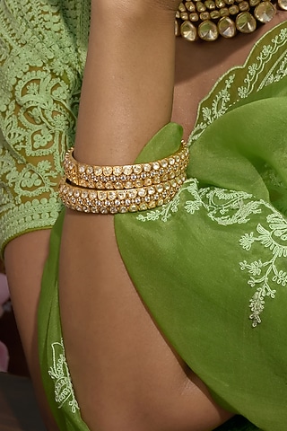 Gold Finish Moissanite Polki Bangles (Set Of 2) by Preeti Mohan