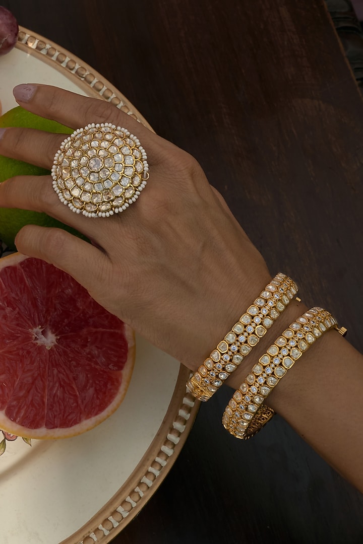 Gold Finish Moissanite Polki Bangles (Set Of 2) by Preeti Mohan at Pernia's Pop Up Shop