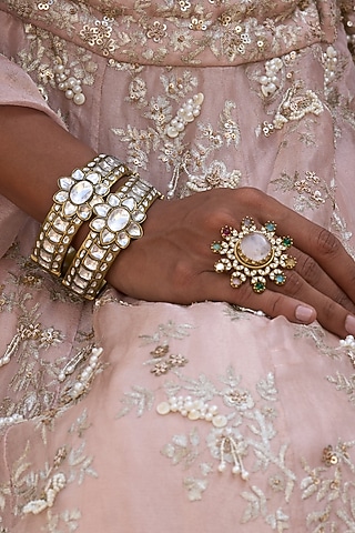 Gold Finish Kundan Polki Bangles (Set Of 2) by Preeti Mohan