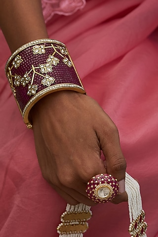 Gold Finish Red Kundan Polki Bangles (Set Of 2) by Preeti Mohan