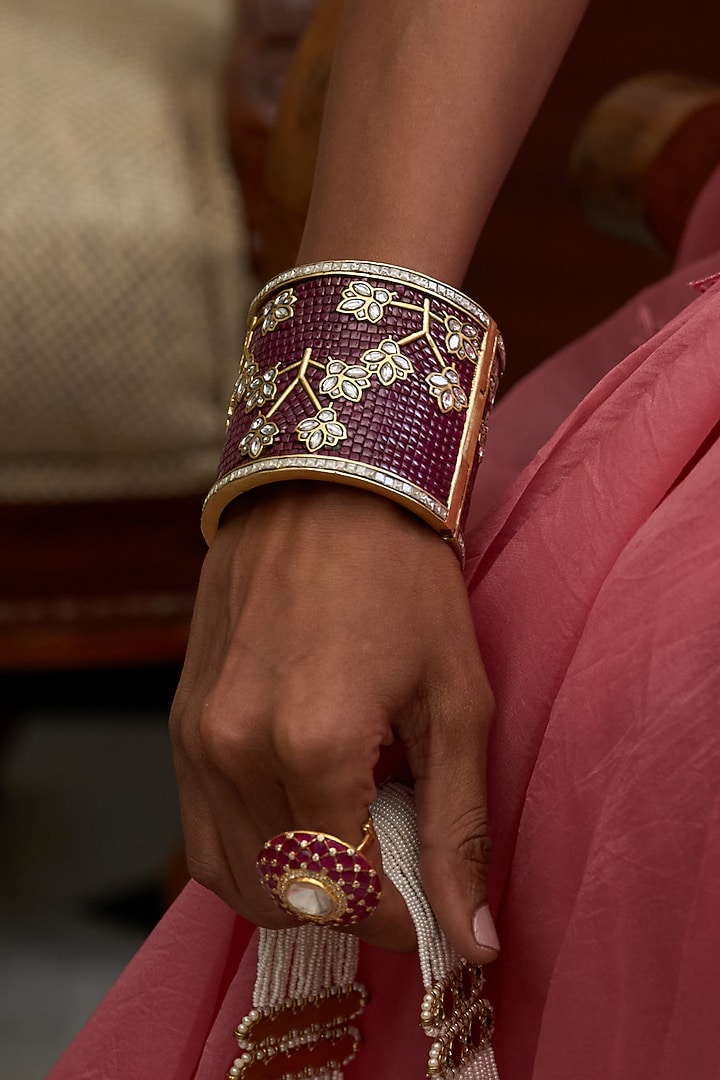 Gold Finish Red Kundan Polki Bangles (Set Of 2) by Preeti Mohan at Pernia's Pop Up Shop