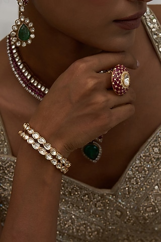 Gold Finish Moissanite Polki Bangles (Set Of 2) by Preeti Mohan