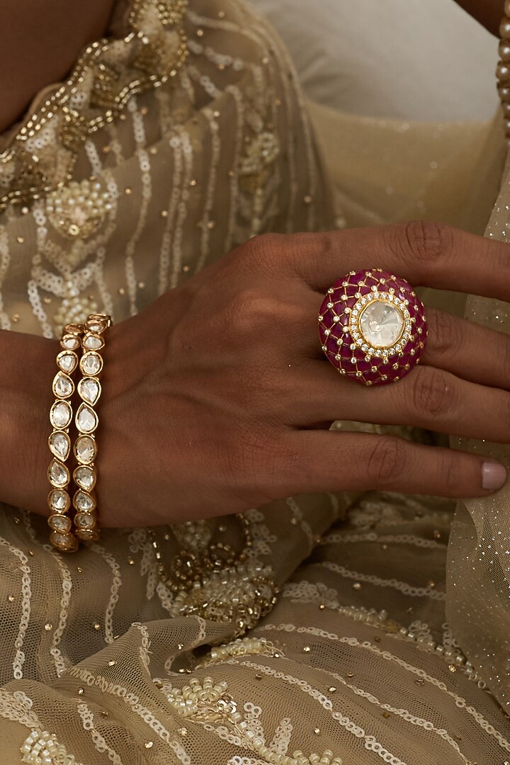 Gold Finish Moissanite Polki Bangles (Set Of 2) by Preeti Mohan at Pernia's Pop Up Shop