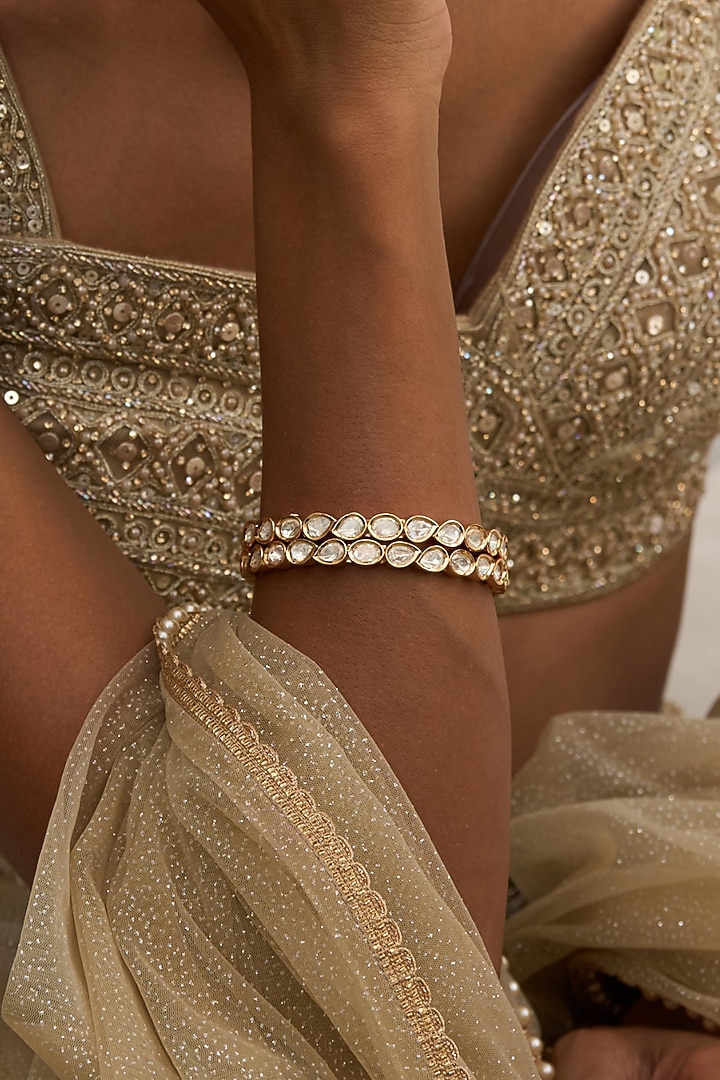Gold Finish Moissanite Polki Bangles (Set Of 2) by Preeti Mohan at Pernia's Pop Up Shop