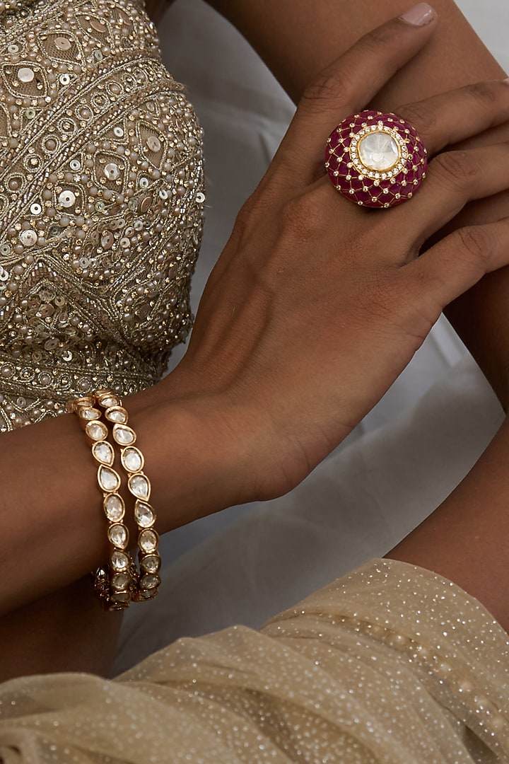 Gold Finish Moissanite Polki Bangles (Set Of 2) by Preeti Mohan at Pernia's Pop Up Shop
