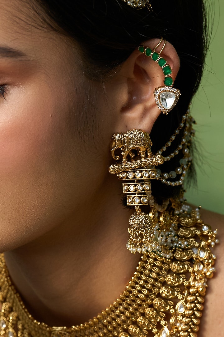 Gold Finish Green Kundan Polki Earcuffs by Preeti Mohan at Pernia's Pop Up Shop
