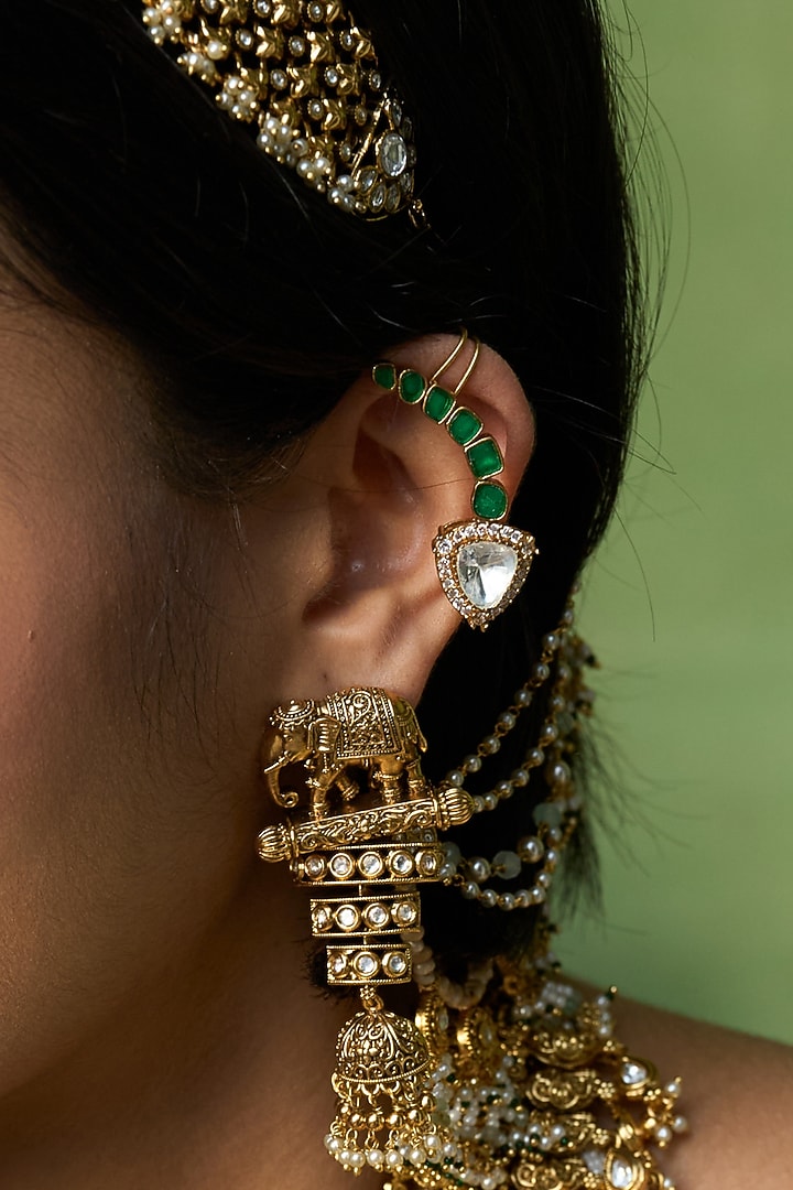 Gold Finish Green Kundan Polki Earcuffs by Preeti Mohan at Pernia's Pop Up Shop