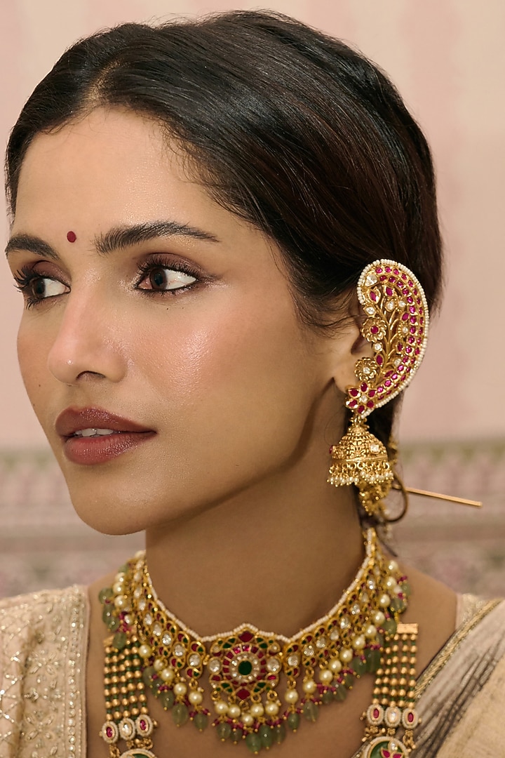 Gold Finish Red Kundan Polki Jhumka Earrings by Preeti Mohan at Pernia's Pop Up Shop