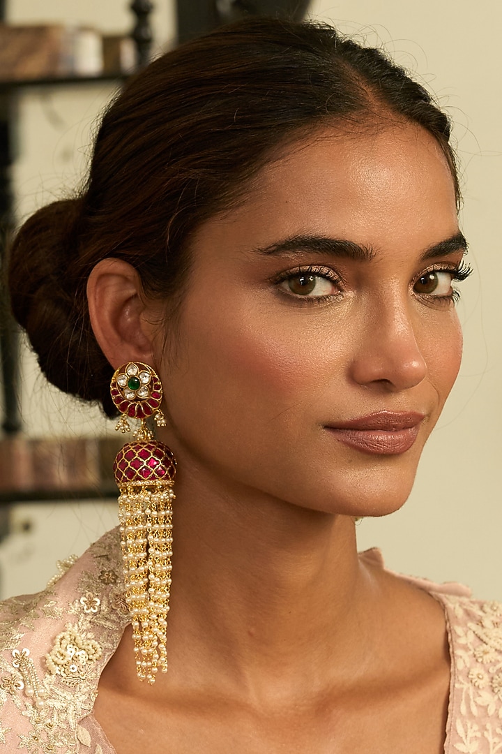 Gold Finish Red & Green Kundan Polki Jhumka Earrings by Preeti Mohan at Pernia's Pop Up Shop