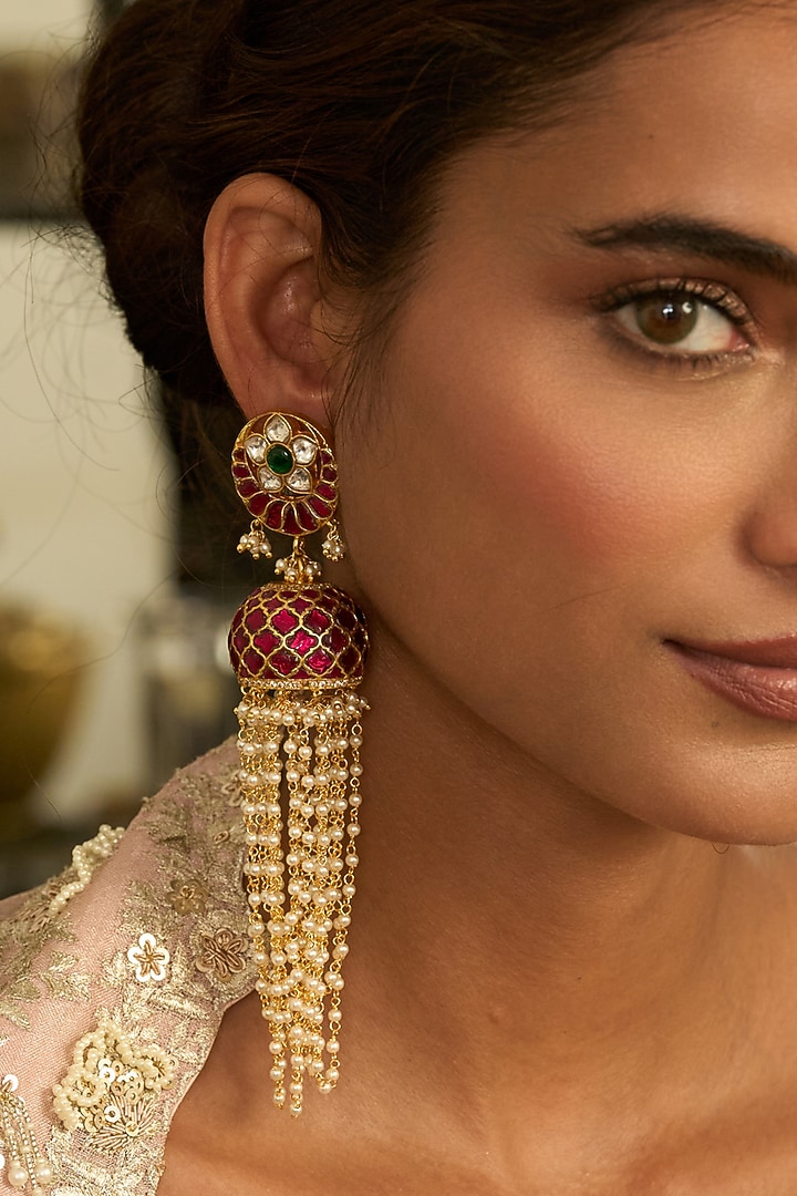 Gold Finish Red & Green Kundan Polki Jhumka Earrings by Preeti Mohan at Pernia's Pop Up Shop