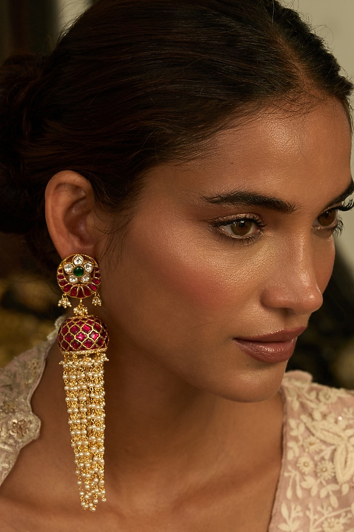 Gold Finish Red & Green Kundan Polki Jhumka Earrings by Preeti Mohan at Pernia's Pop Up Shop