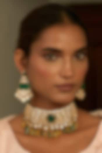 Gold Finish Green Kundan Polki Dangler Earrings by Preeti Mohan at Pernia's Pop Up Shop