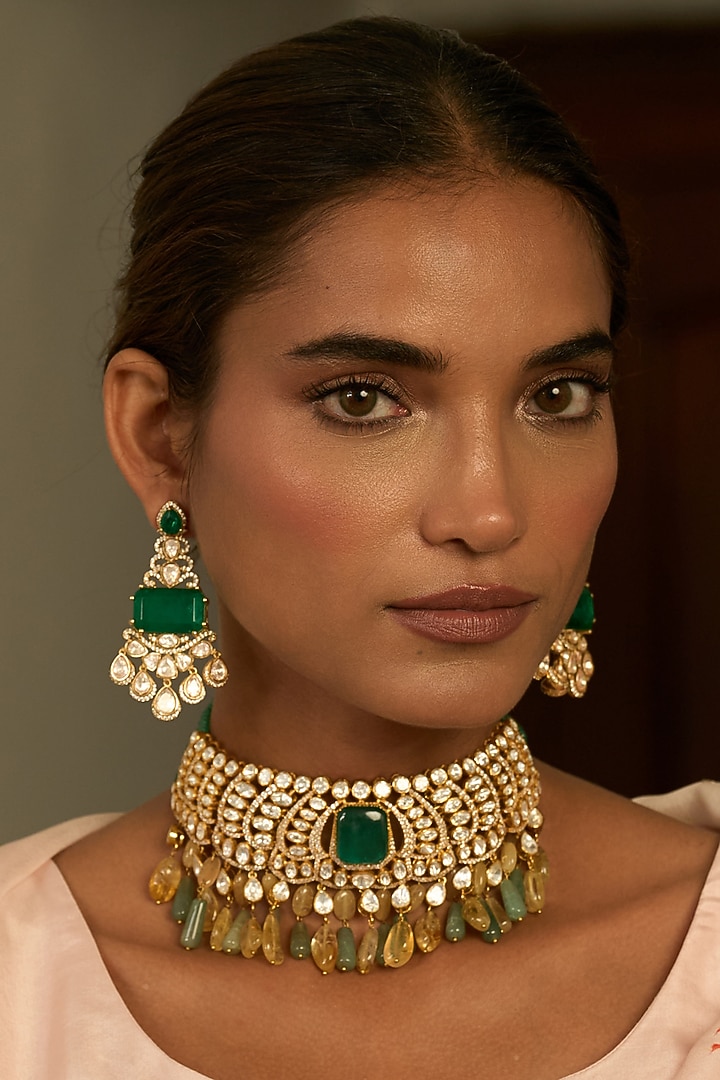 Gold Finish Green Kundan Polki Dangler Earrings by Preeti Mohan at Pernia's Pop Up Shop