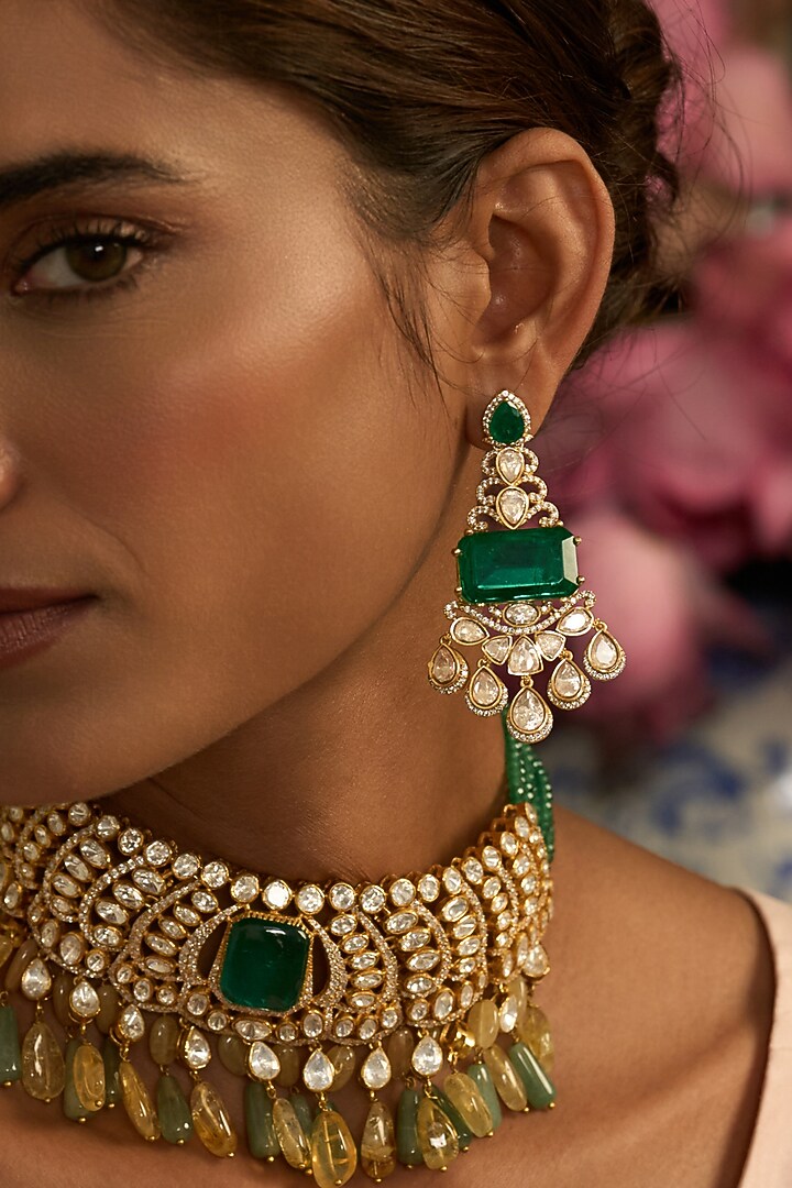 Gold Finish Green Kundan Polki Dangler Earrings by Preeti Mohan at Pernia's Pop Up Shop