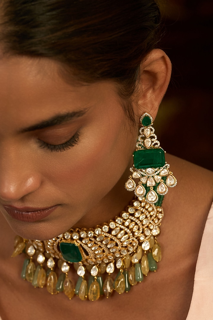 Gold Finish Green Kundan Polki Dangler Earrings by Preeti Mohan at Pernia's Pop Up Shop