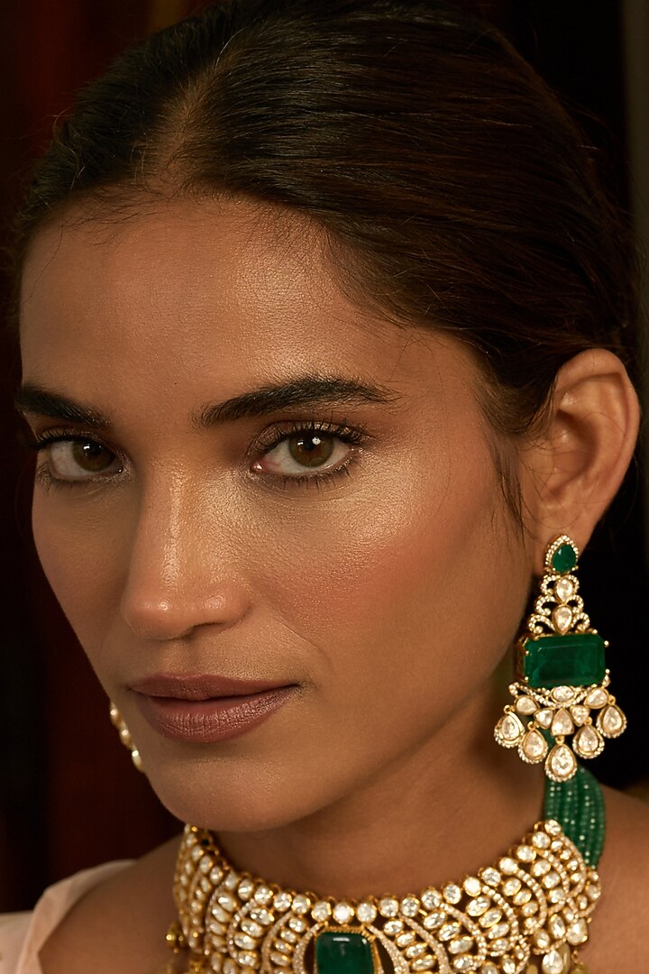 Gold Finish Green Kundan Polki Dangler Earrings by Preeti Mohan at Pernia's Pop Up Shop