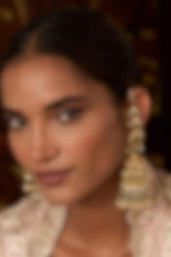 Gold Finish Green Kundan Polki & Pearl Jhumka Earrings by Preeti Mohan at Pernia's Pop Up Shop