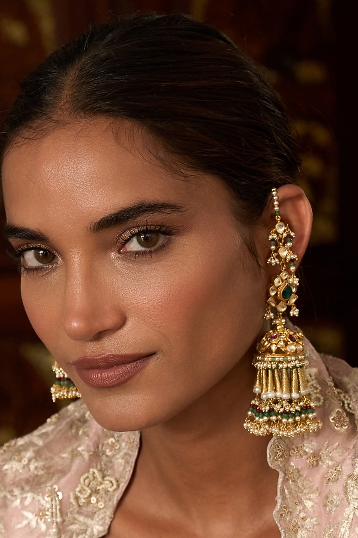 Gold Finish Green Kundan Polki & Pearl Jhumka Earrings by Preeti Mohan at Pernia's Pop Up Shop