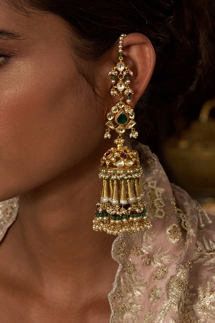Gold Finish Green Kundan Polki & Pearl Jhumka Earrings by Preeti Mohan at Pernia's Pop Up Shop