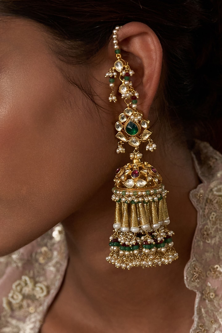 Gold Finish Green Kundan Polki & Pearl Jhumka Earrings by Preeti Mohan at Pernia's Pop Up Shop