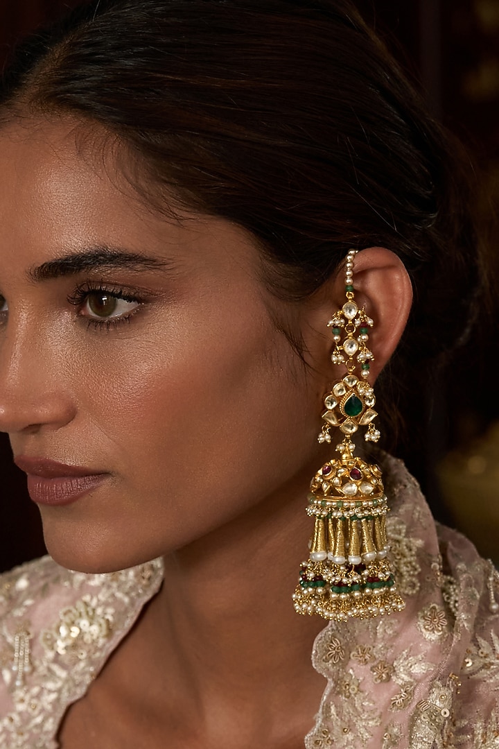 Gold Finish Green Kundan Polki & Pearl Jhumka Earrings by Preeti Mohan at Pernia's Pop Up Shop