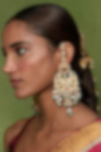 Gold Finish Red Kundan Polki & Pearl Chandbali Earrings by Preeti Mohan at Pernia's Pop Up Shop