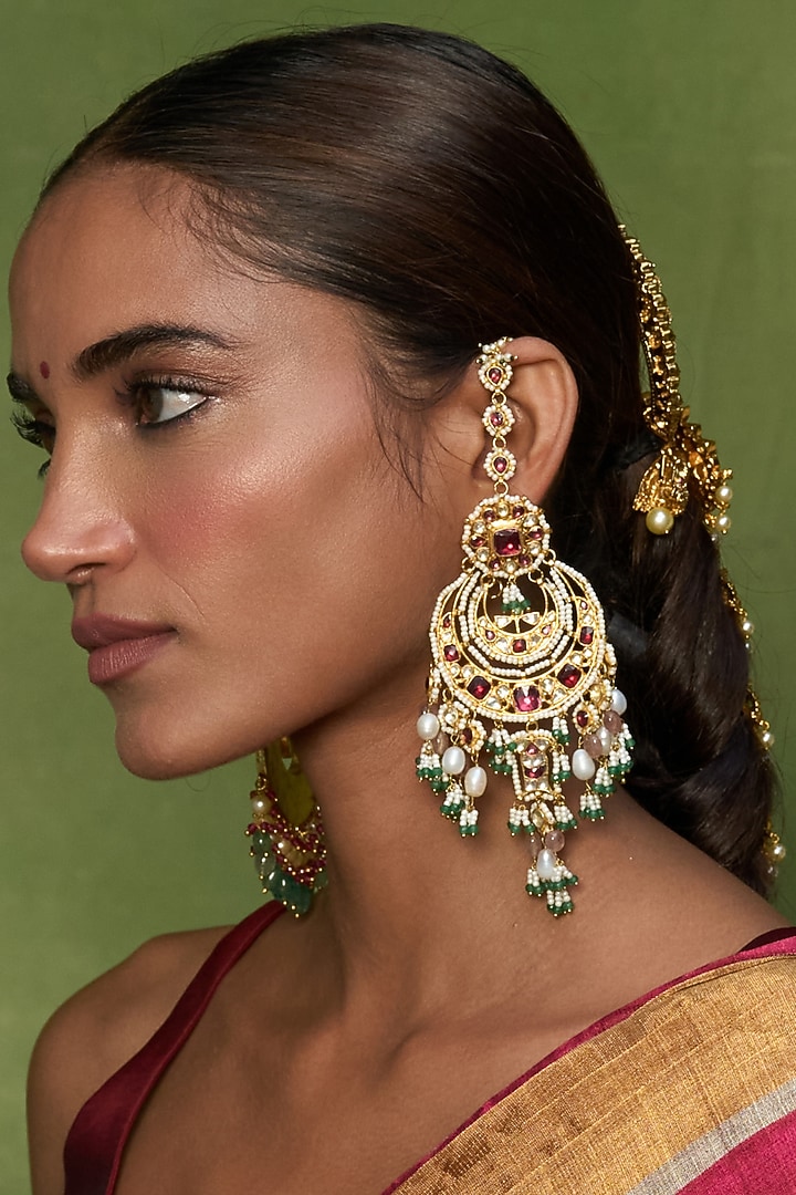 Gold Finish Red Kundan Polki & Pearl Chandbali Earrings by Preeti Mohan at Pernia's Pop Up Shop