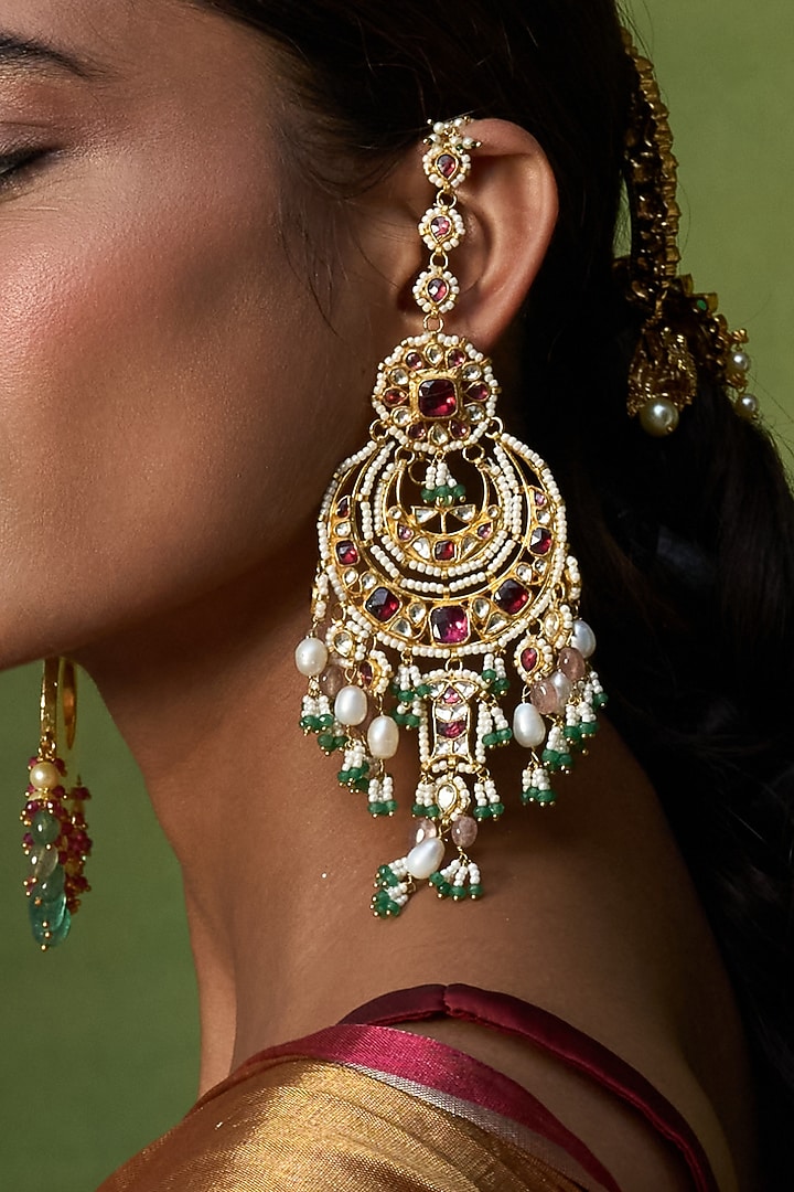 Gold Finish Red Kundan Polki & Pearl Chandbali Earrings by Preeti Mohan at Pernia's Pop Up Shop