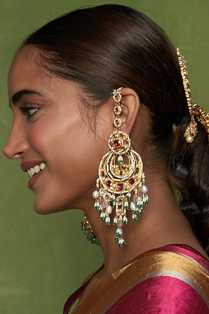 Gold Finish Red Kundan Polki & Pearl Chandbali Earrings by Preeti Mohan at Pernia's Pop Up Shop