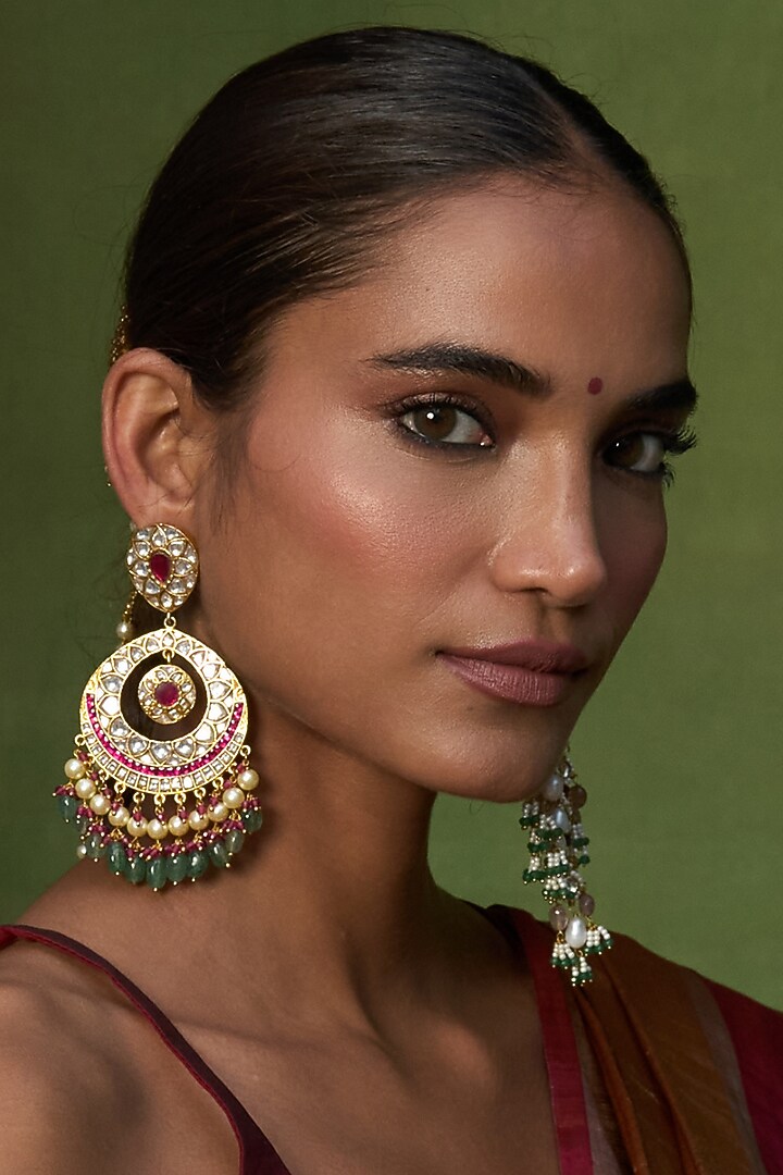 Gold Finish Red & Green Kundan Polki Chandbali Earrings by Preeti Mohan at Pernia's Pop Up Shop
