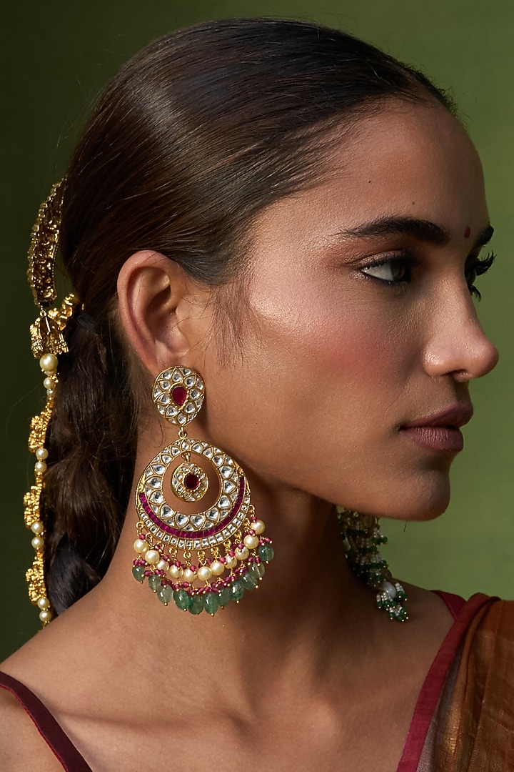 Gold Finish Red & Green Kundan Polki Chandbali Earrings by Preeti Mohan at Pernia's Pop Up Shop