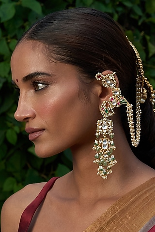 Gold Finish Green Kundan Polki Statement Earrings by Preeti Mohan