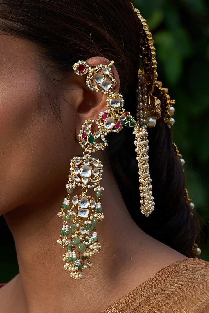 Gold Finish Green Kundan Polki Statement Earrings by Preeti Mohan at Pernia's Pop Up Shop