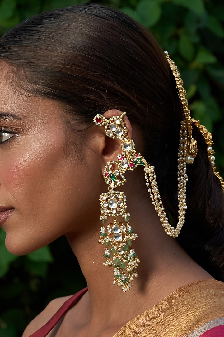 Gold Finish Green Kundan Polki Statement Earrings by Preeti Mohan at Pernia's Pop Up Shop