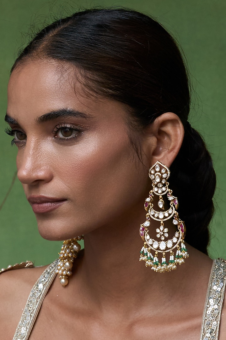 Gold Finish Kundan Polki & Ruby Stone Chandbali Earrings by Preeti Mohan at Pernia's Pop Up Shop