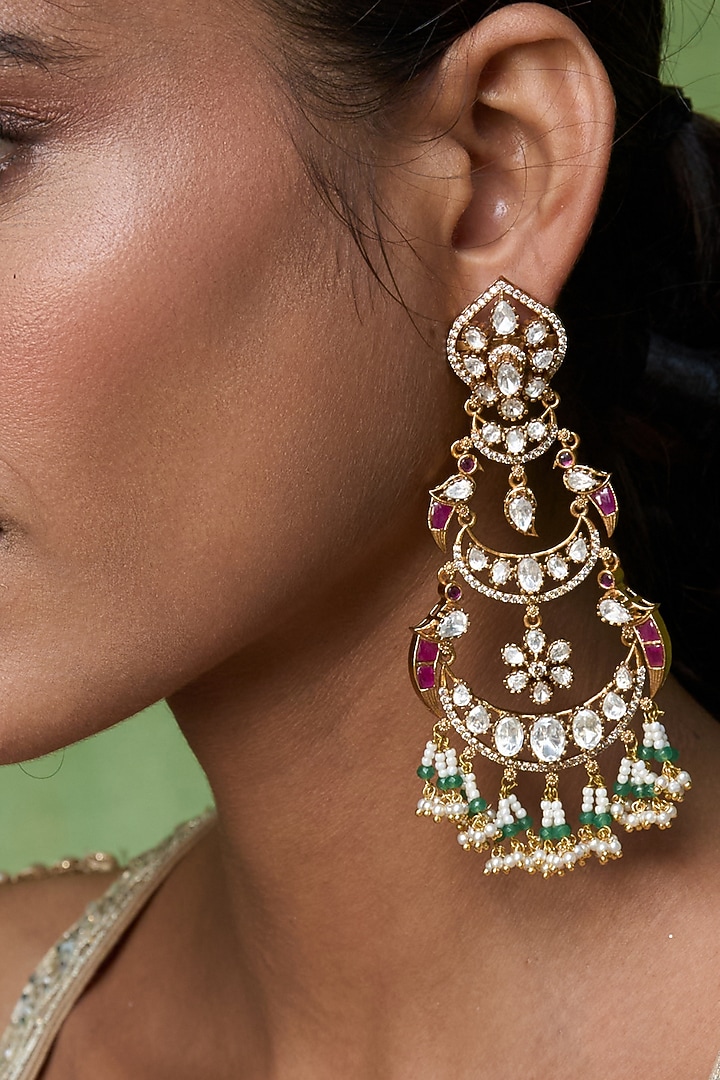 Gold Finish Kundan Polki & Ruby Stone Chandbali Earrings by Preeti Mohan at Pernia's Pop Up Shop