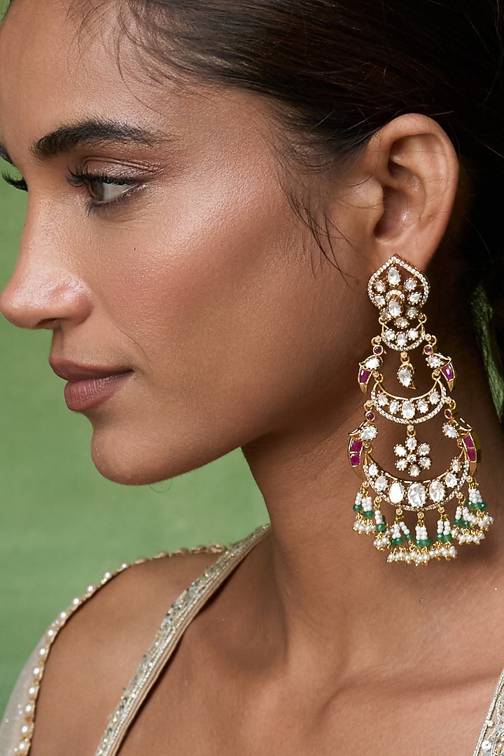 Gold Finish Kundan Polki & Ruby Stone Chandbali Earrings by Preeti Mohan at Pernia's Pop Up Shop