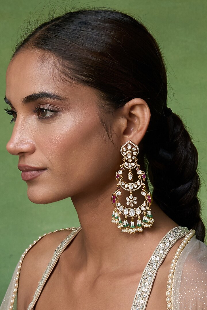 Gold Finish Kundan Polki & Ruby Stone Chandbali Earrings by Preeti Mohan at Pernia's Pop Up Shop
