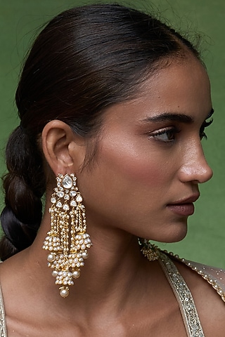 Gold Finish Kundan Polki & Pearl Statement Earrings by Preeti Mohan