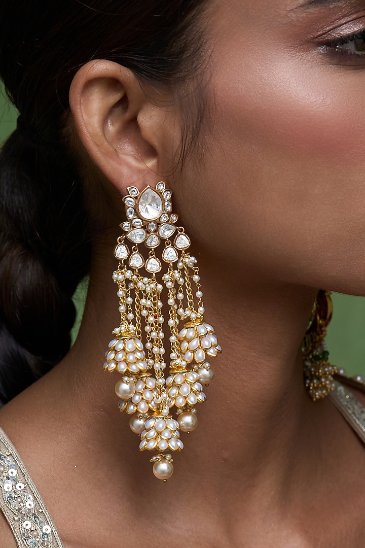 Gold Finish Kundan Polki & Pearl Statement Earrings by Preeti Mohan at Pernia's Pop Up Shop