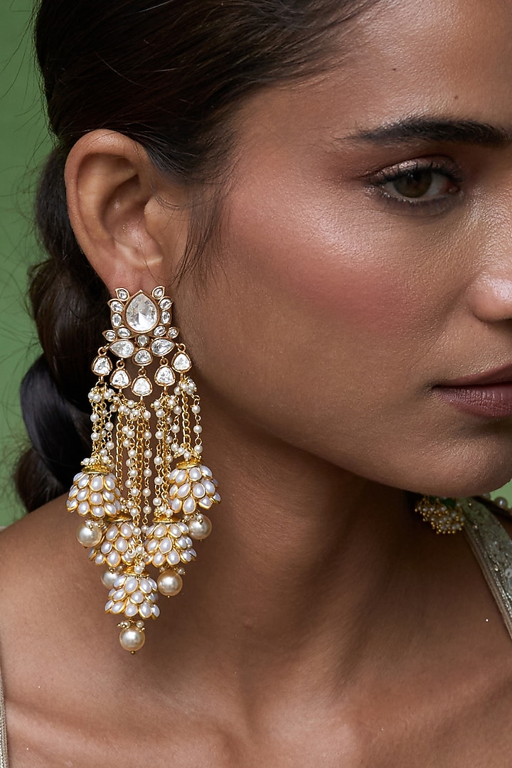 Gold Finish Kundan Polki & Pearl Statement Earrings by Preeti Mohan at Pernia's Pop Up Shop