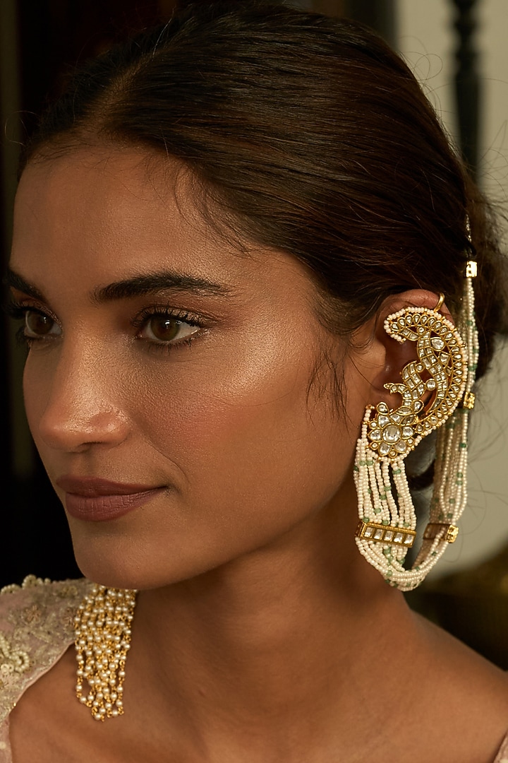 Gold Finish Kundan Polki Statement Earrings by Preeti Mohan at Pernia's Pop Up Shop