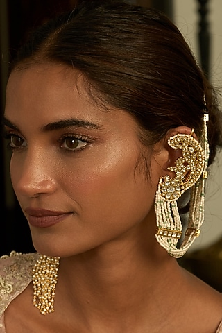 Gold Finish Kundan Polki Statement Earrings by Preeti Mohan