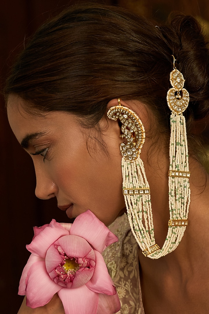 Gold Finish Kundan Polki Statement Earrings by Preeti Mohan at Pernia's Pop Up Shop