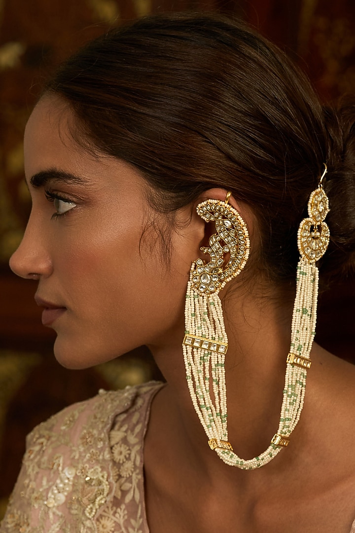 Gold Finish Kundan Polki Statement Earrings by Preeti Mohan at Pernia's Pop Up Shop