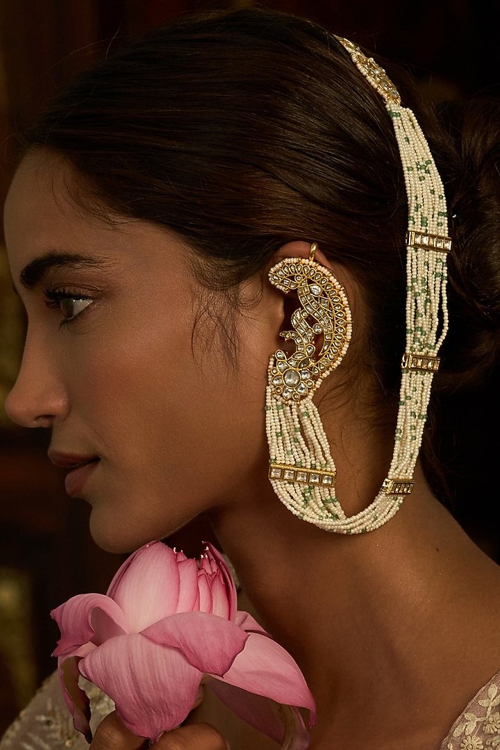 Gold Finish Kundan Polki Statement Earrings by Preeti Mohan at Pernia's Pop Up Shop