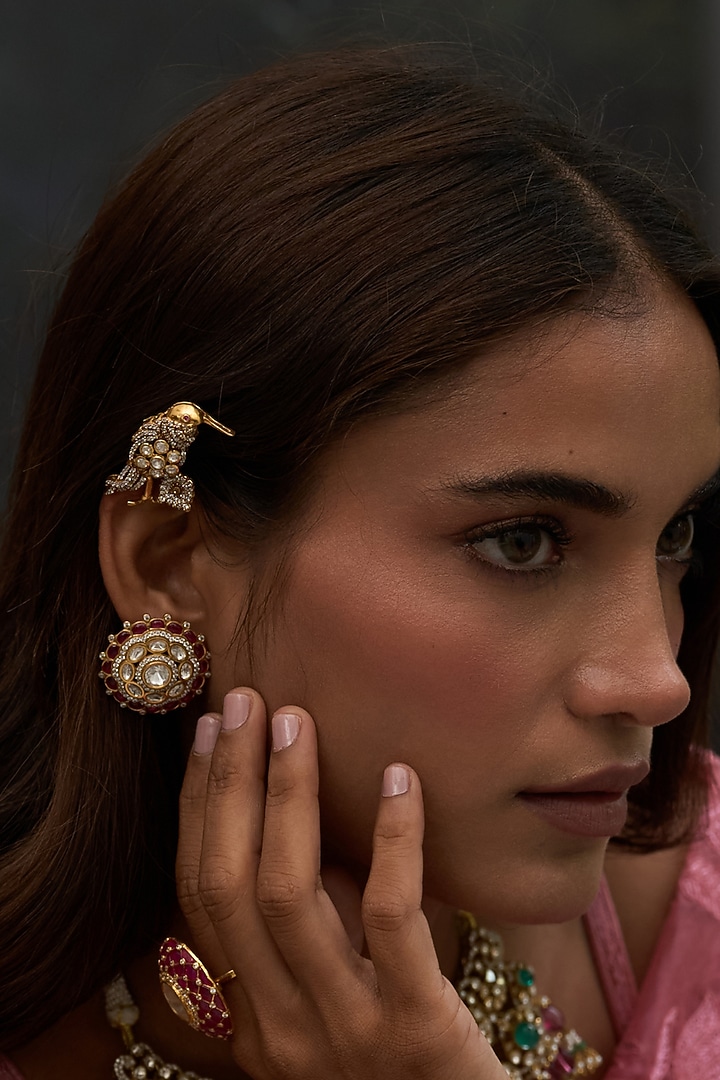 Gold Finish Kundan Polki Stud Earrings by Preeti Mohan at Pernia's Pop Up Shop