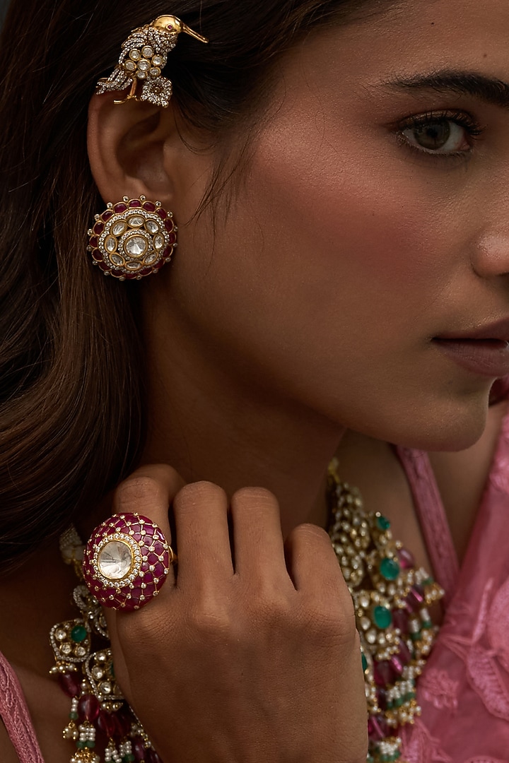 Gold Finish Kundan Polki Stud Earrings by Preeti Mohan at Pernia's Pop Up Shop