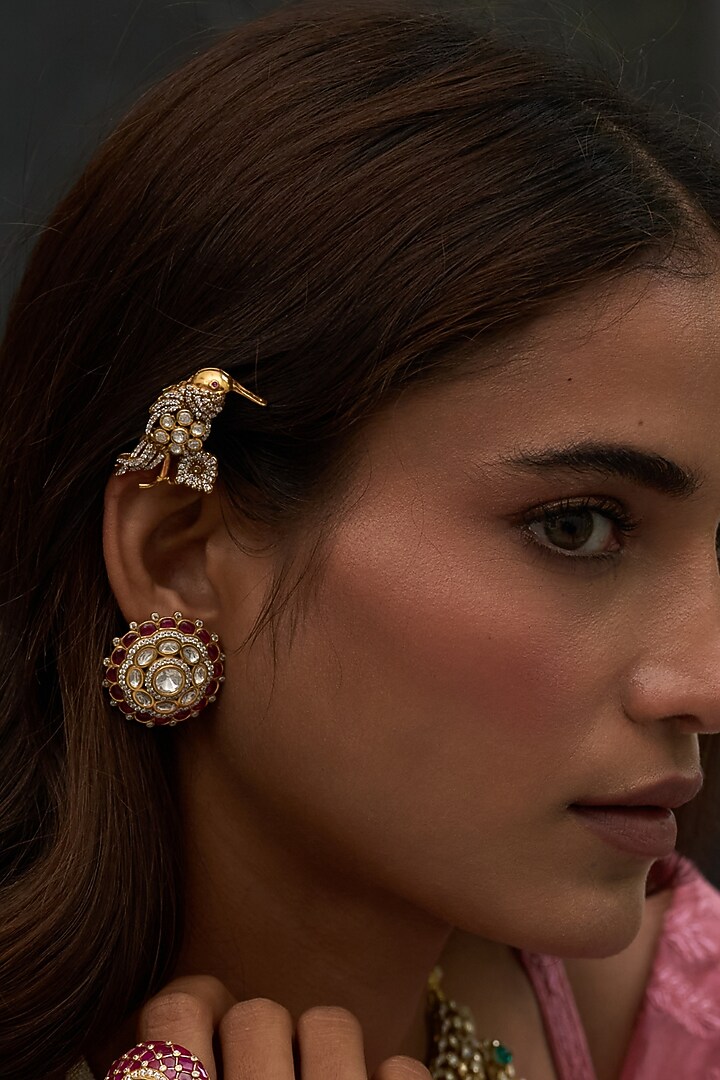 Gold Finish Kundan Polki Stud Earrings by Preeti Mohan at Pernia's Pop Up Shop