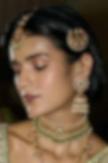 Gold Finish Kundan Polki & Green Onyx Jhumka Earrings by Preeti Mohan at Pernia's Pop Up Shop